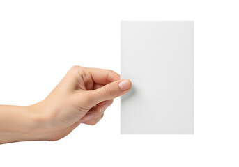 Fototapeta premium Hand holding a blank vertical white business card, ticket, or flyer mockup. Isolated on transparent background, png