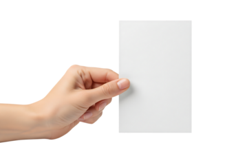Hand holding a blank vertical white business card, ticket, or flyer mockup. Isolated on transparent background, png