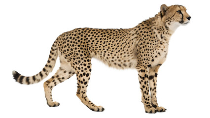 A side profile of a cheetah standing with its spotted coat visible against a transparent background.