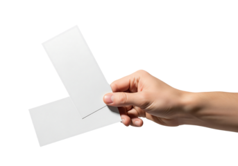 Hand holding two blank white business cards or event tickets for a mockup design. Isolated on transparent background, png