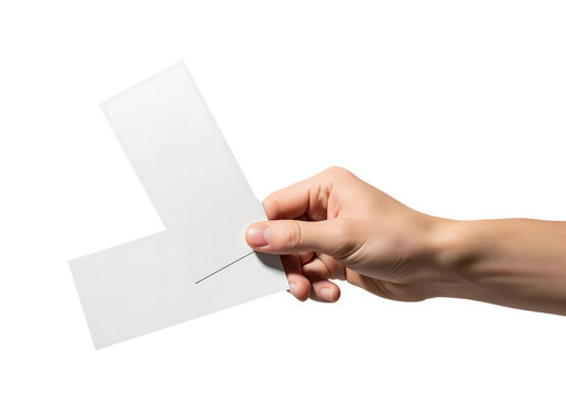 Hand holding two blank white business cards or event tickets for a mockup design. Isolated on transparent background, png