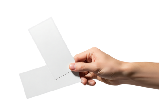 Hand holding two blank white business cards or event tickets for a mockup design. Isolated on transparent background, png