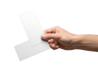 Fototapeta premium Hand holding two blank white business cards or event tickets for a mockup design. Isolated on transparent background, png