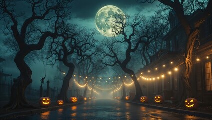 A spooky Halloween scene with jack-o'-lanterns and a full moon.