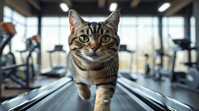 cute adorable cat running on treadmill in gym