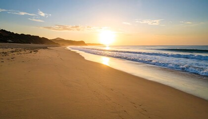 Sunrise beach scene with soft waves