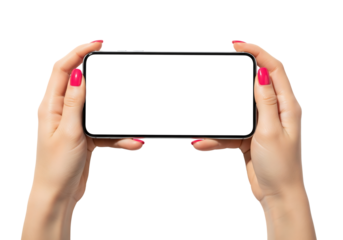 Female hands with pink nails holding a smartphone horizontally with blank screen. Isolated on transparent background, png