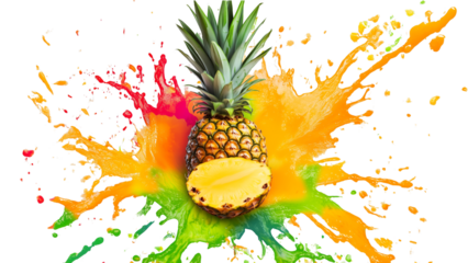 colorful splash of tropical fruit juice with a burst of vibrant color surrounding a whole fruit (mango or pineapple) in the center, isolated on a transparent background