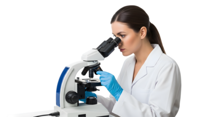 A Female Scientist in a Lab Coat Looking Intently Through a Microscope During Medical Research on isolated transparent background.
