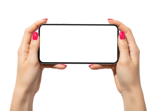 Female hands with pink nails holding a smartphone horizontally with blank screen. Isolated on transparent background, png