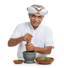 A Traditional Sri Lankan Ayurvedic Doctor Grinding Medicinal Herbs with a Mortar and Pestle on isolated transparent background.