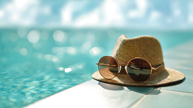 Bright summer day by the pool with a straw hat and sunglasses resting on the edge, inviting relaxation and fun under the sun