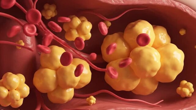 Medical 3D animation showing the accumulation of fat deposits and red blood cells flowing inside a human artery. 