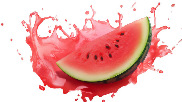 bright splash of watermelon juice surrounding a single slice of watermelon in the middle, isolated on a transparent background