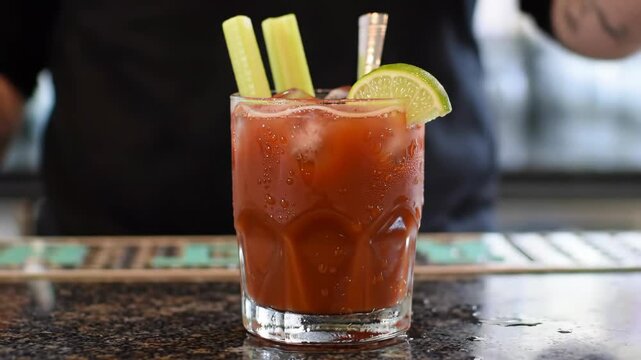 Refreshing tomato cocktail with celery sticks and lime slice