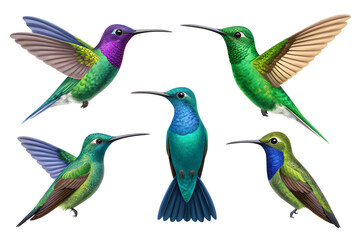 Five colorful hummingbirds in flight isolated on a transparent background 1