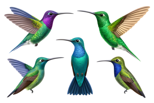 Five colorful hummingbirds in flight isolated on a transparent background 1 - Powered by Adobe
