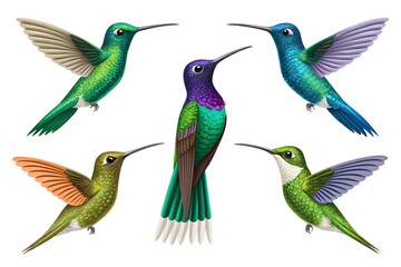 Five colorful hummingbirds in flight isolated on a transparent background