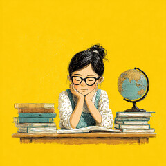 A young Asian girl with glasses studies at a desk. She has black hair in a bun and rests her chin on her hands. Books and a globe are on the desk.