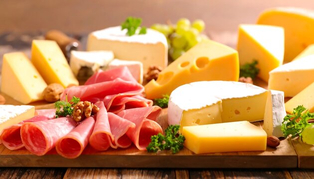 Assorted cheeses and cured meats on a wooden board