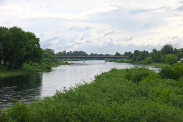 view of the Velikaya River in the city of Ostrov in the Pskov region