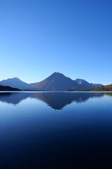 Serene lake landscape with mountain reflection and clear blue sky photography view