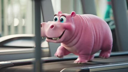 cute adorable cartoon hippo running on treadmill in gym
