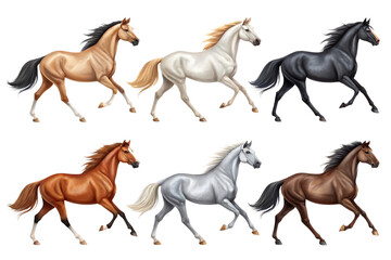 Six horses in motion on black isolated on a transparent background