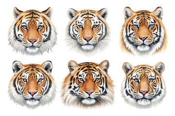 Six tiger heads in a grid isolated on a transparent background