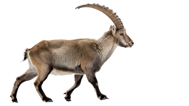 A majestic male Alpine Ibex, with impressive curved horns, walking against a transparent background.