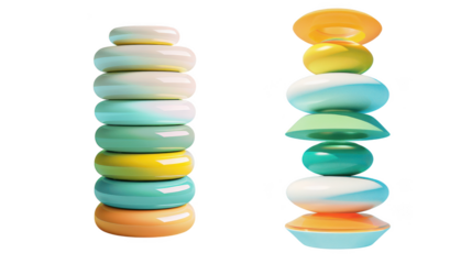 Two colorful stacks of smooth rounded polished stones isolated on a transparent background isolated on transparent background