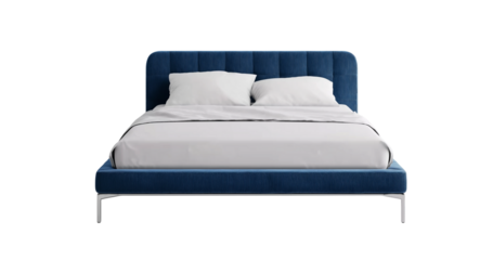 Perspective view of double bed with headboard and blanket transparent background