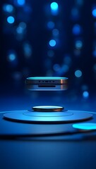 Product showcase mockup futuristic technology levitation display blue background led