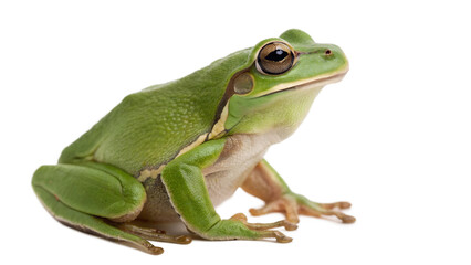 Fototapeta premium Close-up of a vibrant green tree frog, facing forward, against a transparent background.