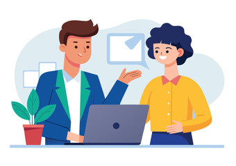 Obraz premium Two colleagues collaborating on a project using a laptop discussing ideas with a speech bubble indicating communication