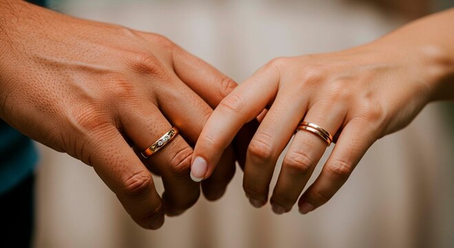 Close up of two hands with wedding rings symbolizing love and commitment on a special day event