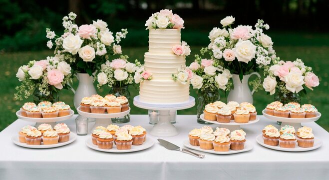 Wedding cake and cupcakes display with white frosting and floral arrangements on a white tablecloth