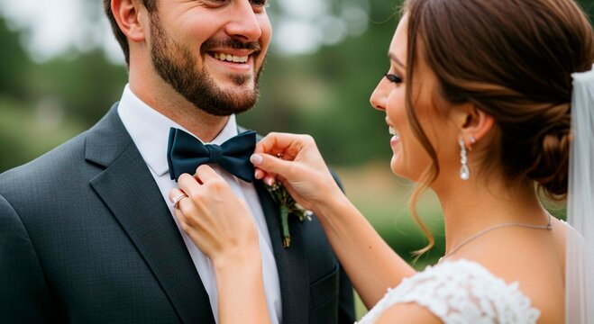 Bride adjusting groom's bow tie before wedding ceremony outdoors in soft focus natural light setting