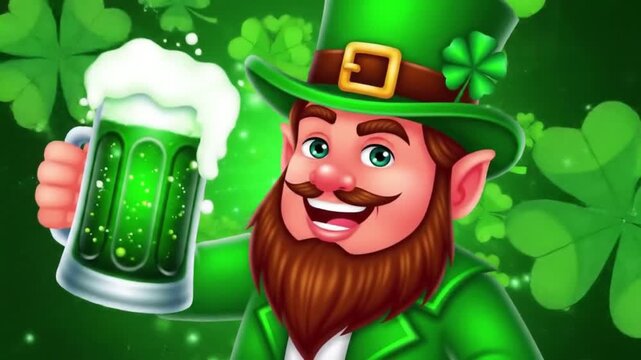 Cartoon leprechaun holding a green beer mug with shamrocks on a green background