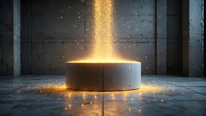 Abstract glowing light beam on concrete pedestal in dark room background concept