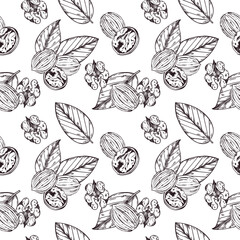 Seamless vector pattern of walnut, walnut leaves, peeled walnut. All objects are hand-drawn with ink. Illustration suitable for printing on wrapping paper, product packaging. Vector illustration. 
