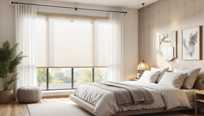 Fototapeta premium Modern bedroom interior with large window and cozy atmosphere 