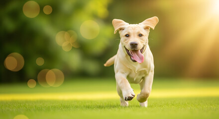 Happy Labrador Retriever in Motion: Playful Dog Running Under Golden Sunshine for dog food advertisements, pet care blogs, outdoor lifestyle brands, or marketing materials for dog training services