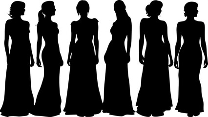 A series of eight female silhouettes, each in profile view, dressed in flowing evening gowns of different cuts and lengths. The figures are evenly spaced in a horizontal line, depicted from mid-thigh 