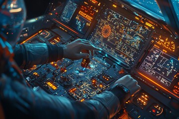 Engineer repairing airplane equipment during flight