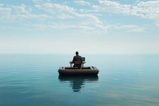 Freelancer working at desk floating on tiny island