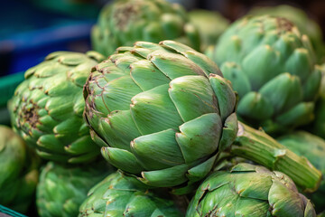 Obraz premium Green Fresh Artichokes Pile at Market for Healthy Eating