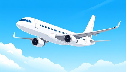 White airplane soaring in a light blue sky filled with fluffy clouds