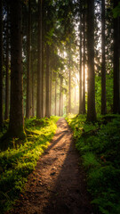 Sunlit Forest Path with Misty Morning.
