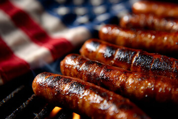 Independence Day Grilling: Sausages on BBQ with Flag